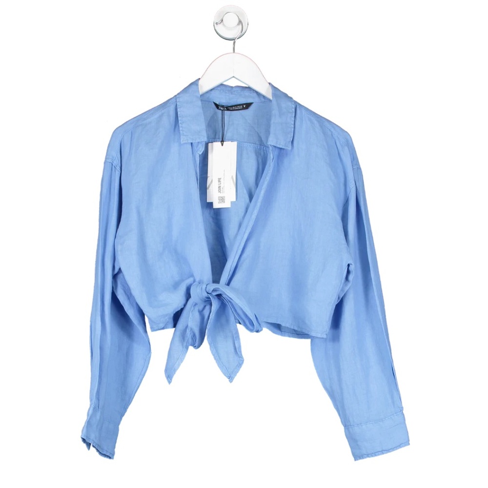 EUROPEAN ZARA BLUE LINEN TIE TOP